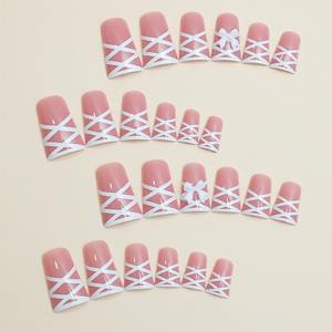 12 Uds./set al por mayor, puntas de uñas postizas pre-diseñadas con forma de almendra y lazo francés, de encaje blanco, para aplicación con pegamento en el dedo XE-94-21 - Product Image 2