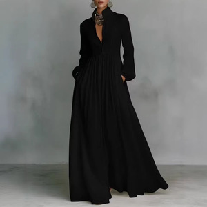 Women Solid Chiffon Woven Washable Pleated Long Sleeve Maxi Dress Cinched Waist <b>Vintage</b> Vacation Dress - Product Image 2