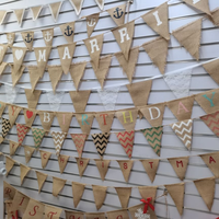 Guirlande de bannière triangulaire en jute et toile de jute blanche imprimée en usine avec dentelle, pour fête, mariage, Noël, anniversaire