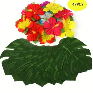 48 PC 용품 8 "히비스커스 잎과 꽃 하와이 루아우 파티 정글 비치 테마 테이블 장식용 시뮬레이션 잎