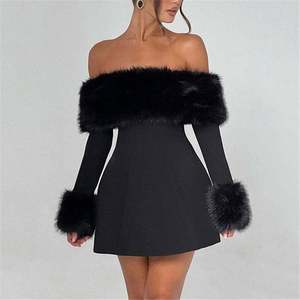 Mini abito da donna a <span class=keywords><strong>maniche</strong></span> <span class=keywords><strong>lunghe</strong></span> con rifiniture in pelliccia sintetica-stile Sexy e di lusso per feste e occasioni speciali - Product Image 3