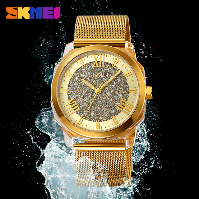 SKMEI 2278 Luxury Quartz Watch 3ATM Diamond Accents Stainless Steel Mesh Band Gold Tone Business Elegance Wholesale Offer