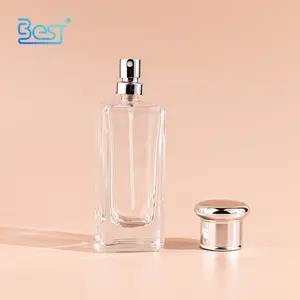 Flacon de brume échantillon clair en gros 50ml bouteille de parfum en verre avec pulvérisateur et bouchon en argent