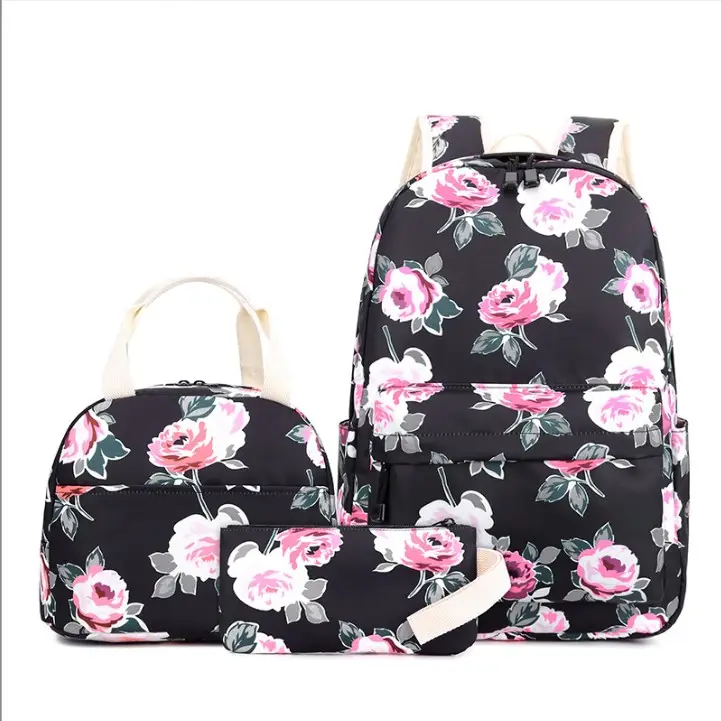 Popular female Oxford cloth printed unicorn college style high school students backpacks of three pieces 3 in 1 school bag