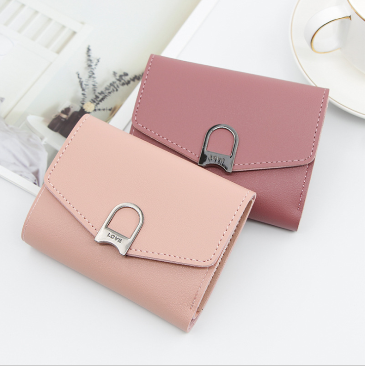 Оптовая продажа, Женский кошелек из искусственной кожи карамельных цветов, Дамский кошелек, мини-держатель для карт, маленький клатч для денег, кошелек тройного сложения с замком Love