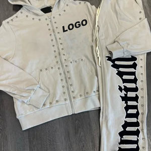 100% Cotton Breathable Zip-Up Hoodie Winter Sweatshirt Loose Fit Silk Screen Printing <b>Solid</b> Pattern Featuring <b>Rivet</b> Rhinestones - Product Image 2