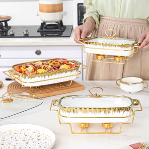 Plat de service en céramique <span class=keywords><strong>blanc</strong></span> <span class=keywords><strong>doré</strong></span> pour salade de fruits, fruits de mer, réchaud alimentaire avec support, buffet de mariage, <span class=keywords><strong>vaisselle</strong></span> de restaurant - Product Image 5
