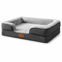 Canapé-lit pour chien et chat FANCIE en lin gris foncé, doublure en fourrure de lapin, trois traversins, lavable en machine, antidérapant, étiquette en cuir, OEM