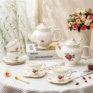 Custom Gift Box Wholesale Rose Decal Porcelain Ceramic Gold Rim Coffee Tea Pot Cup Set with Saucers
