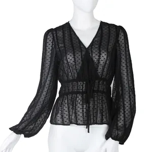 Yindian Solid black New Design Long Sleeve Chiffon lady fashion Women elegant women's blouse & tops
