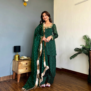 Salwar Kameez de Rayón con Puntos Verdes, Bordado Dorado en la Dupatta, Ropa Tradicional India y Pakistaní para Mujer, Estilo Casual, Largo hasta el Tobillo, Corte Regular - Product Image 1