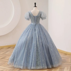 Princess Evening Gown <b>Light</b> Blue V-<b>neck</b> Empire Waist Ball Gown Floral Print Spring Formal Dress - Product Image 4