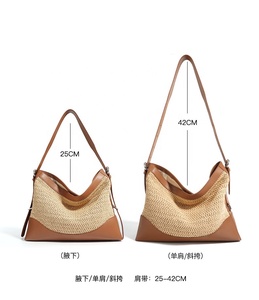 กระเป๋าโท้ทสานราฟเฟียสำหรับผู้หญิง ลดราคาสุดฮิต กระเป๋าสะพายไหล่สำหรับฤดูร้อนและชายหาด พร้อมสายสะพายยาว กระเป๋าหนังแท้ทรงถัง - Product Image 2