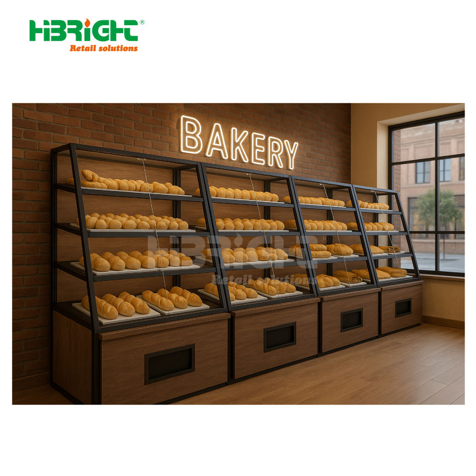 Customized Size Bread Display Rack for Supermarket Wood and Metal