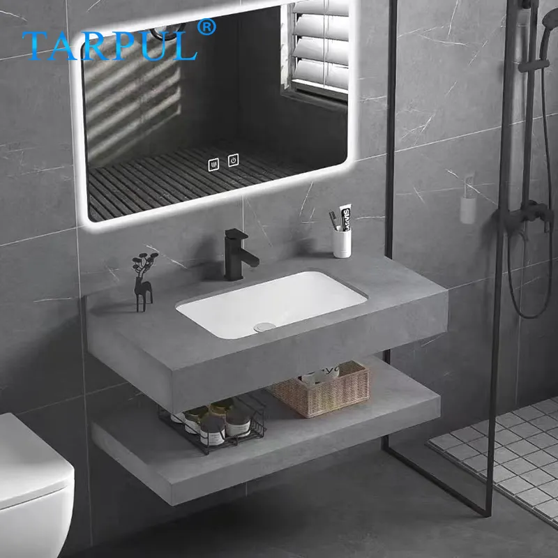 Superficie sólida de mármol Tarpul con espejo Diseño de piedra artificial Lavabo Colgado en la pared Baño Lavabo de cerámica Lavabo de losa de tocador