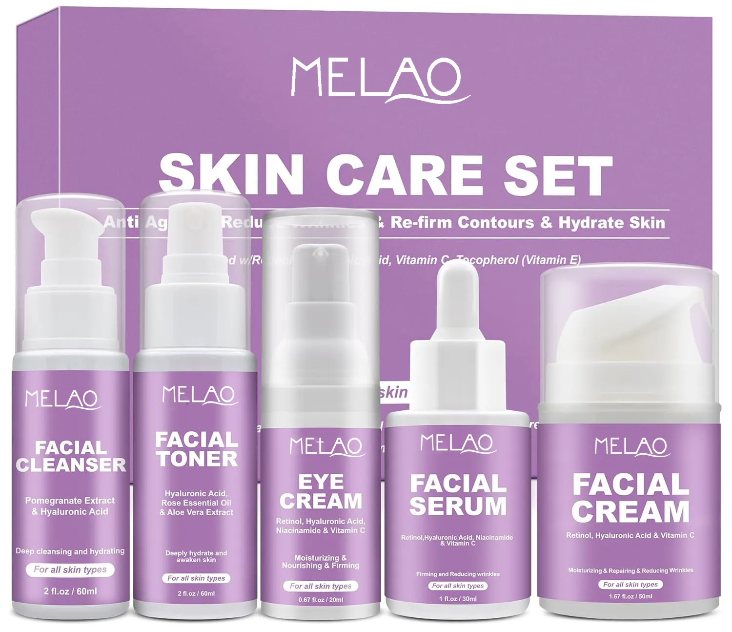 Kit de rotina anti-idade para cuidados com a pele feminina, com creme de limpeza facial, creme de olhos e soro para reduzir rugas