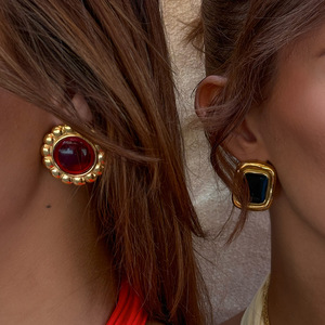 <b>Stud</b> <b>Earrings</b> Agate Inlay Bezel Setting Stainless Steel Flower Geometric Party Jewelry - Product Image 1