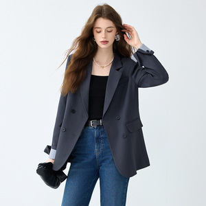 Women's Blazer Spring Autumn 2025 Loose Fit Korean Style Solid Color Polyester Jacket Casual Sophisticated Pocket Design - Product Image 1