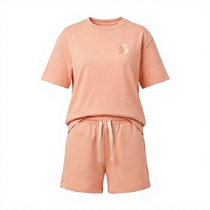 ชุดเซ็ตเสื้อยืดแขนสั้นคอกลมสีชมพู 2 ชิ้นสำหรับผู้หญิง ผ้าฝ้าย ใส่สบาย ระบายอากาศได้ดี ทรงหลวม ความยาวเหนือเข่า เหมาะสำหรับฤดูใบไม้ผลิและฤดูร้อน - Product Image 1