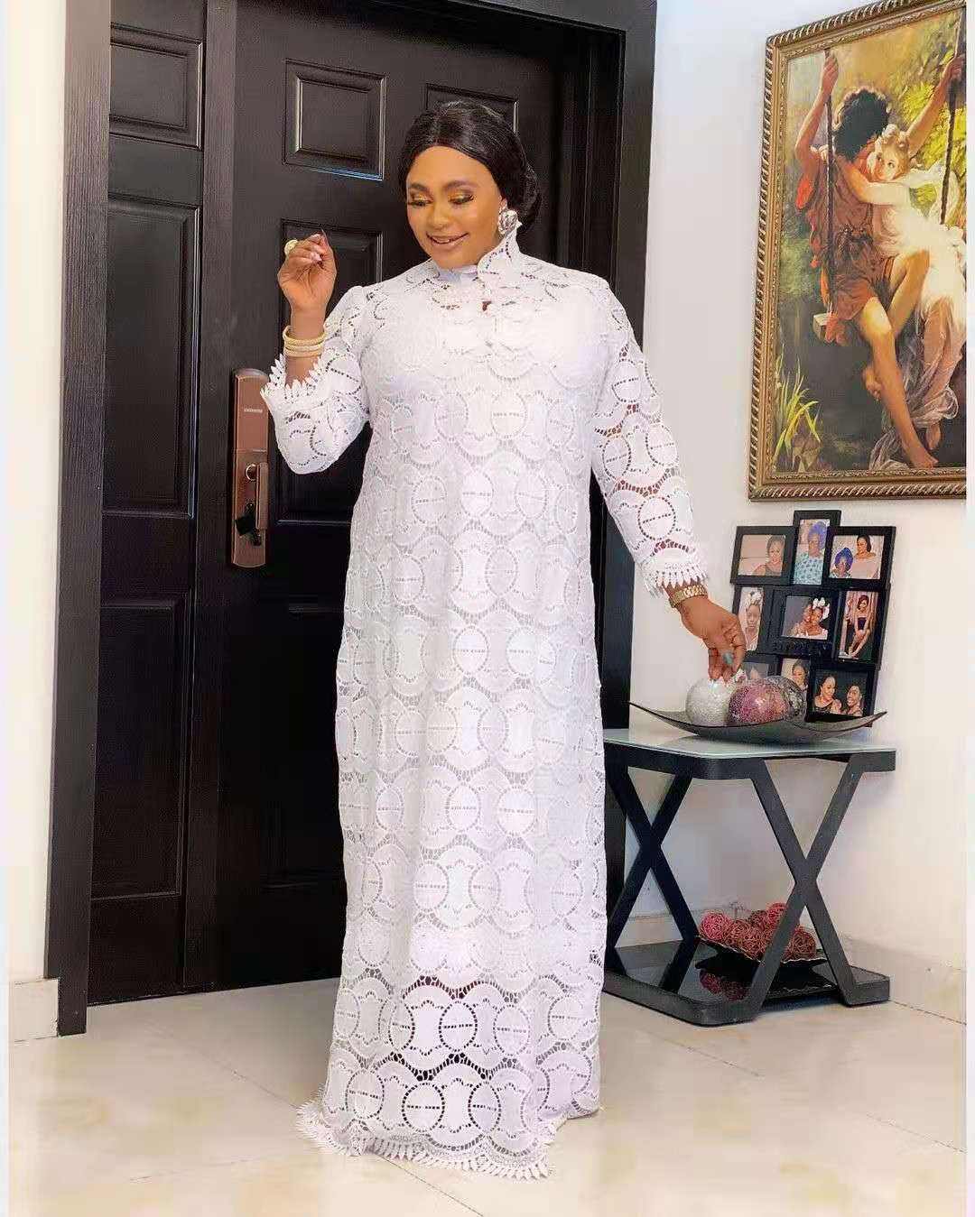 New Fashion African Abaya Dashiki Lace Dress Plus Size Women Free Size  Floor-Length Gown Button Decoration O-Neck Natural