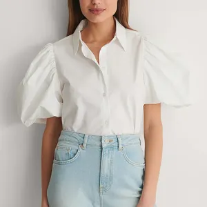 Custom Women Long Sleeve Elegant White Blouse Statement Puff Sleeve Plain Shirt