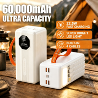 Nouvelle batterie externe portable 60000 mAh avec charge rapide PD 22,5 W, câble intégré, lampe torche LED, sortie USB-C, chargeur universel
