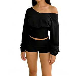 Dames Off Shoulder 2-delige Set - Lange Mouwen Kant-up Corset Top & Hoge Taille Shorts Dames Sets Dameskleding Sehe Fashion - Product Image 2
