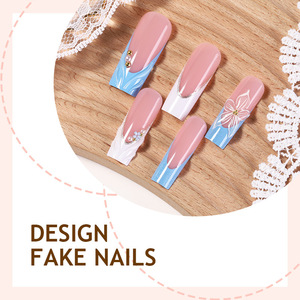 TSZS 24 <span class=keywords><strong>Uñas</strong></span> Postizas Francesas con Polvo Brillante Azul <span class=keywords><strong>y</strong></span> Blanco, <span class=keywords><strong>Uñas</strong></span> Postizas 3D con Flores <span class=keywords><strong>y</strong></span> Perlas, <span class=keywords><strong>Uñas</strong></span> Postizas <span class=keywords><strong>Largas</strong></span> <span class=keywords><strong>y</strong></span> Cuadradas para Manicura - Product Image 3