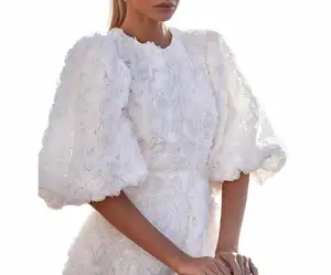 Mode 3D fleur tridimensionnelle robe à manches lanterne robe longue décontractée pour femmes robe blanche