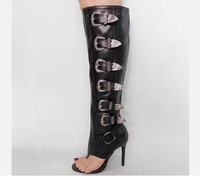 Sepatu bot panjang setinggi lutut wanita, sepatu bot hak tinggi berklip, sepatu bot panjang seksi Punk gaya sapi bercetak