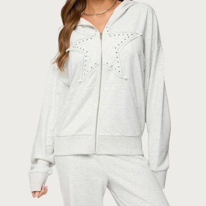 Sudadera con Capucha para Mujer, Estilo Hip Hop, 100% Algodón Lavado, con Bordado Personalizado de Estrellas y Cierre de Cremallera, para Otoño - Product Image 1