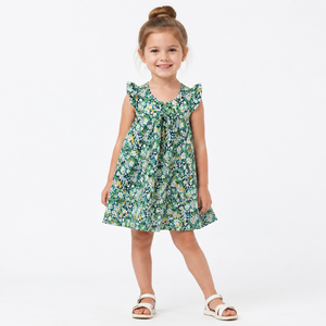 Robe en coton à imprimé floral vert tendance pour filles de 2 à 6 ans avec col en V, manches volantées et nœud décoratif sur la poitrine pour le quotidien - Product Image 5