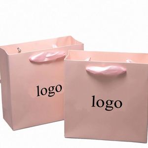 Recycled Luxury Cream Beige Kraft Paper Shopping Bag with Your Own Logo <b>Ribbon</b> Handle Bow for Gift Packaging Custom Printing - Product Image 1