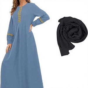 Women Blue Solid Color Cotton Breathable Abaya Long Sleeve Neck Floor Length Modest Dress Embroidery Details Plus Black Scarf - Product Image 1