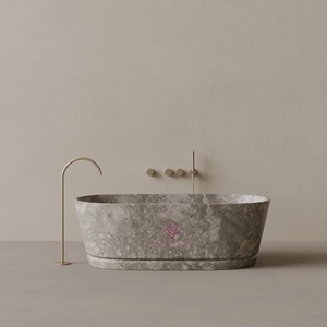 Designer <strong>LIGHT</strong> EMPERADOR Oval Stone <strong>Bathtub</strong> with Intricate Carved Linear Accents and Smooth Surface <strong>for</strong> a Luxurious Bathroom - Product Image 4