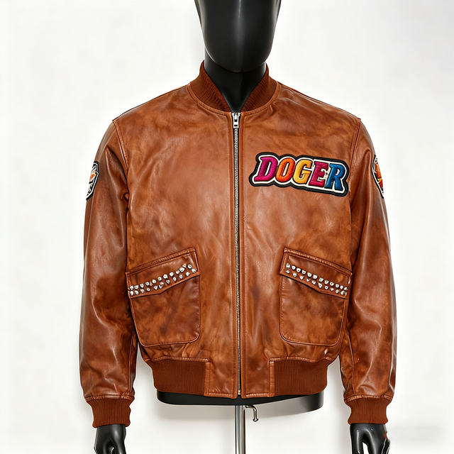Doger Custom Men's Leather Waterproof Rhinestone Varsity Jacket Bomber Jacket Moto Racing Motorcycle Motorbike Leather Jacket