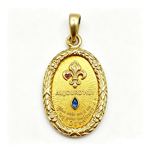 Medalla ovalada chapada en oro con corazón esmaltado de flor de lis y gema azul, amuleto de amor, regalo de aniversario - Product Image 1