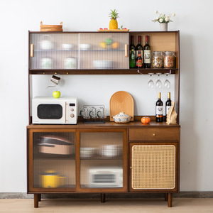 Nordic Style Tall <b>Sideboard</b> Cabinet With Glass Doors And Rattan Panel For Kitchen <b>Storage</b> 900mm Above - Product Image 5