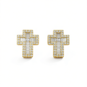 Orecchini a croce placcati oro con zirconi taglio brillante rotondo, montatura a griffe, gioielli religiosi unisex - Product Image 1