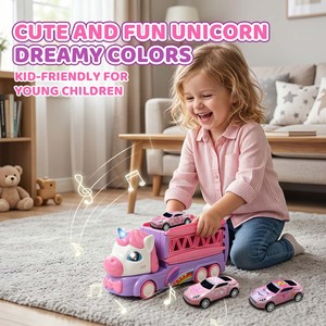 Camion de transport de piste de course Licorne, 2-en-1 pliable avec lumière et musique, ensemble de voitures à friction pour enfants de 3 ans et plus - Product Image 4
