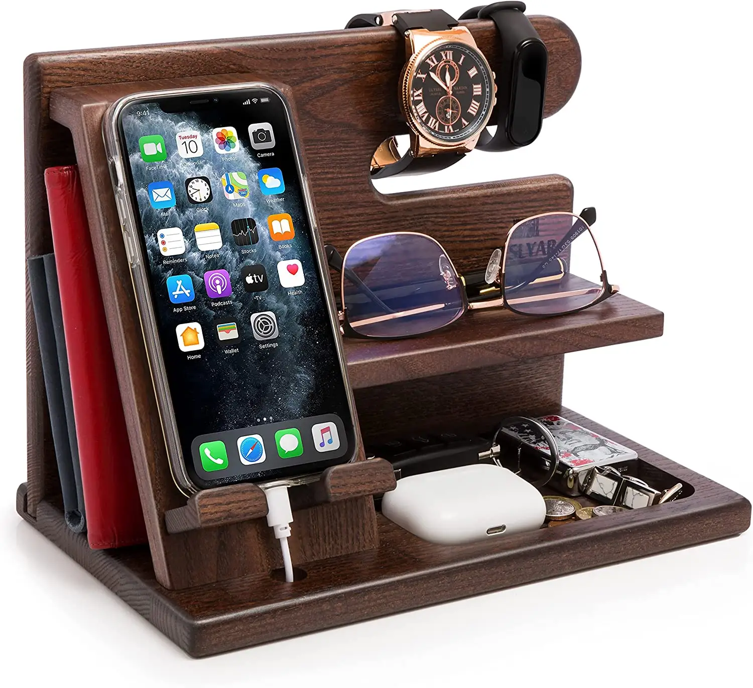 Wood Phone Docking Station Solid Wooden Key Holder Wallet Stand Watch Organizer