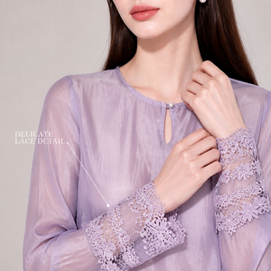 Camicetta da donna con design unico, viola, con polsini in pizzo, trasparente, a maniche lunghe, girocollo, elegante, slim fit, estiva - Product Image 2