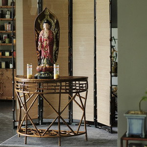 Meiluzhu Half Moon Platform Rattan <b>Console</b> <b>Table</b> Handmade Classical Style Entryway Stand - Product Image 3