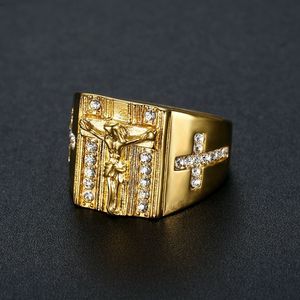 yunnique Men's Gold Plated <b>Titanium</b> Steel Cross <b>Ring</b> With Diamond Pave Setting Hip Hop Jewelry Gift - Product Image 2