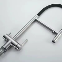 Robinet de cuisine 3 voies en acier inoxydable 304 gris anthracite OEM avec bec flexible en silicone noir, eau chaude, froide et pure, design extractible