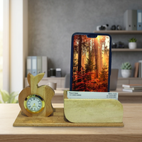 Houten appelklok met telefoonstandaard en kaarthouder, handgemaakt bamboe kantoor cadeau, creatief ontwerp