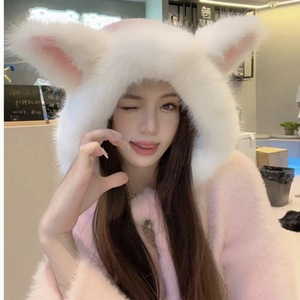 Bonnet en peluche avec oreilles de renard mignonnes, avec rabats pour les oreilles, chapeau d'hiver chaud pour femmes, style coréen, pour adultes, rose, blanc, gris, kaki, beige - Product Image 4
