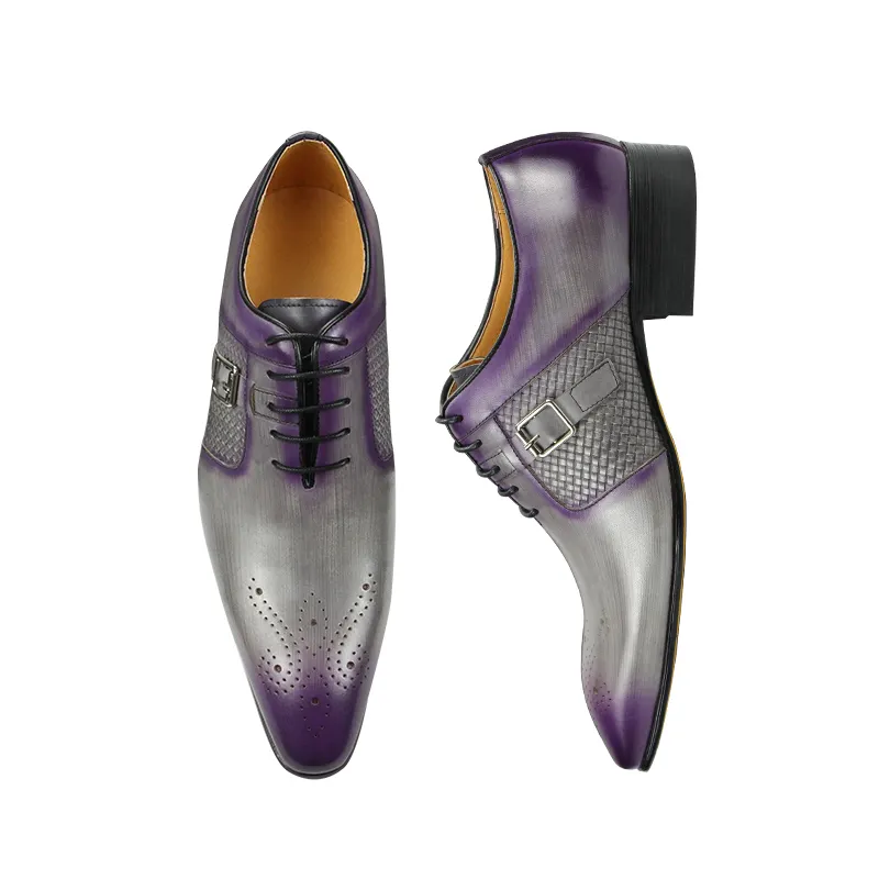 حذاء رجالي للأعمال مخصص حذاء معدني برباط من الجلد أحذية أكسفورد باللون الرمادي والأرجواني