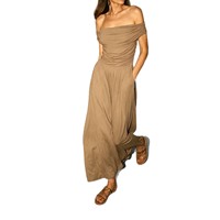 Jumpsuit seksi warna turquoise tanpa bahu, potongan lebar, bagian atas berkerut, satu potong dengan saku, cocok untuk liburan musim panas dan pakaian pantai resor.