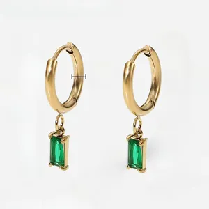 stainless steel earrings plain ring square green red pendant female high sense temperament